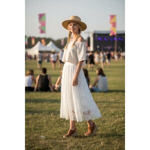 Vintage White Floral Lace Midi Skirt Boho Festival Prairie Cottagecore Western